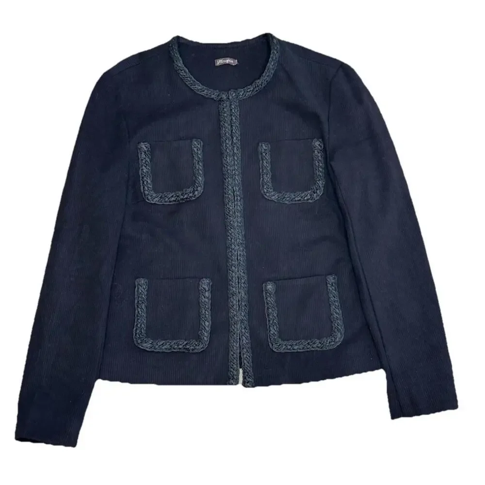 J McLaughlin Fanning Jacket Small Black Braided Trim Pockets Old Money Classic - Picture 3 of 10